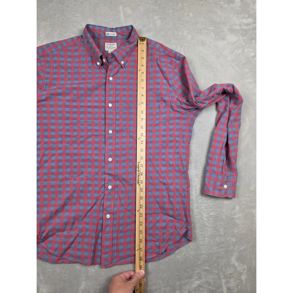 J. Crew Button Down Shirt Mens L Red Blue Gingham Slim Untucked Secret Wash